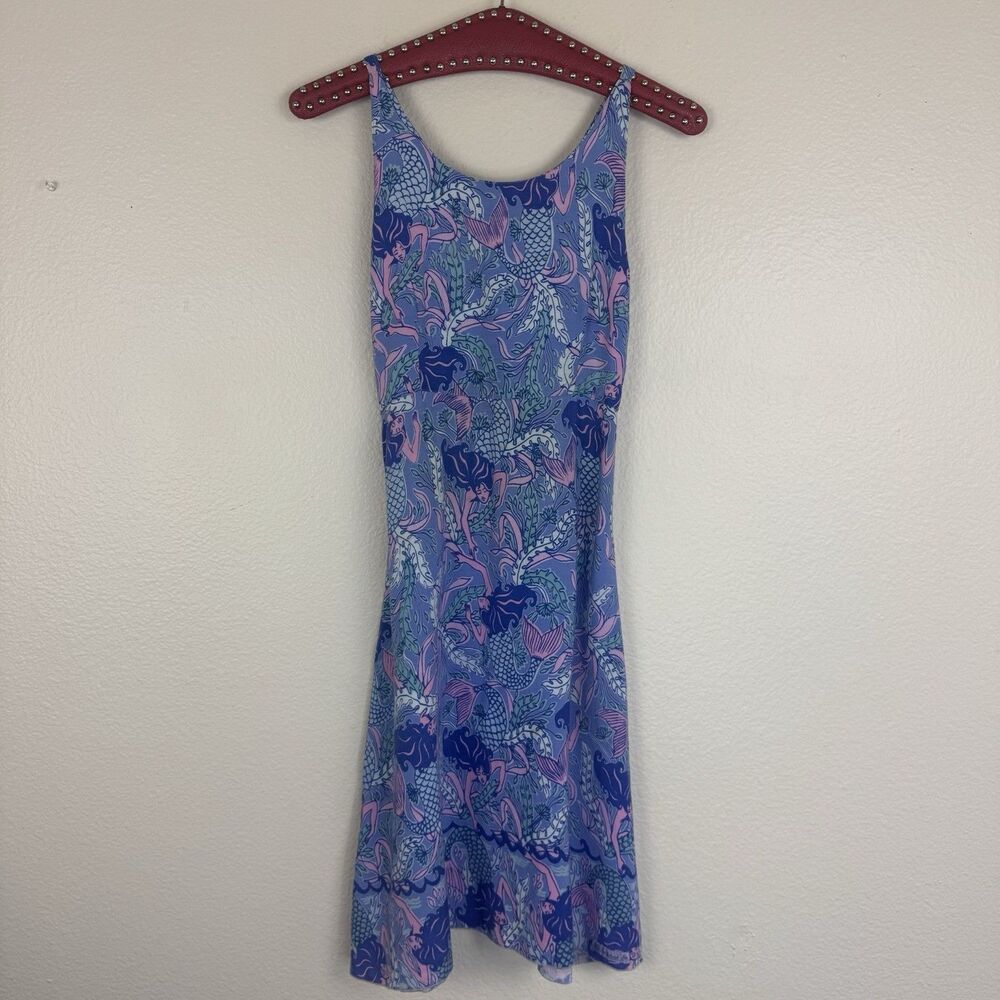 Rainbow Jo Mermaid Print Tie Back A-Line Mini Babydoll Dress Blue Pink Small